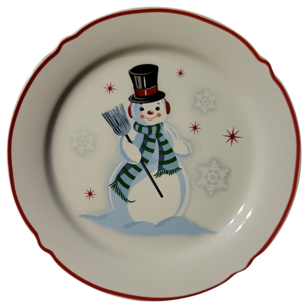 Vtg Holiday Time Snowman Stoneware Salad Dessert Plate 8” Christmas Winter